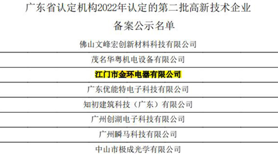 好消息！金環(huán)電器再次通過(guò)國(guó)家級(jí)“高新技術(shù)企業(yè)”認(rèn)定